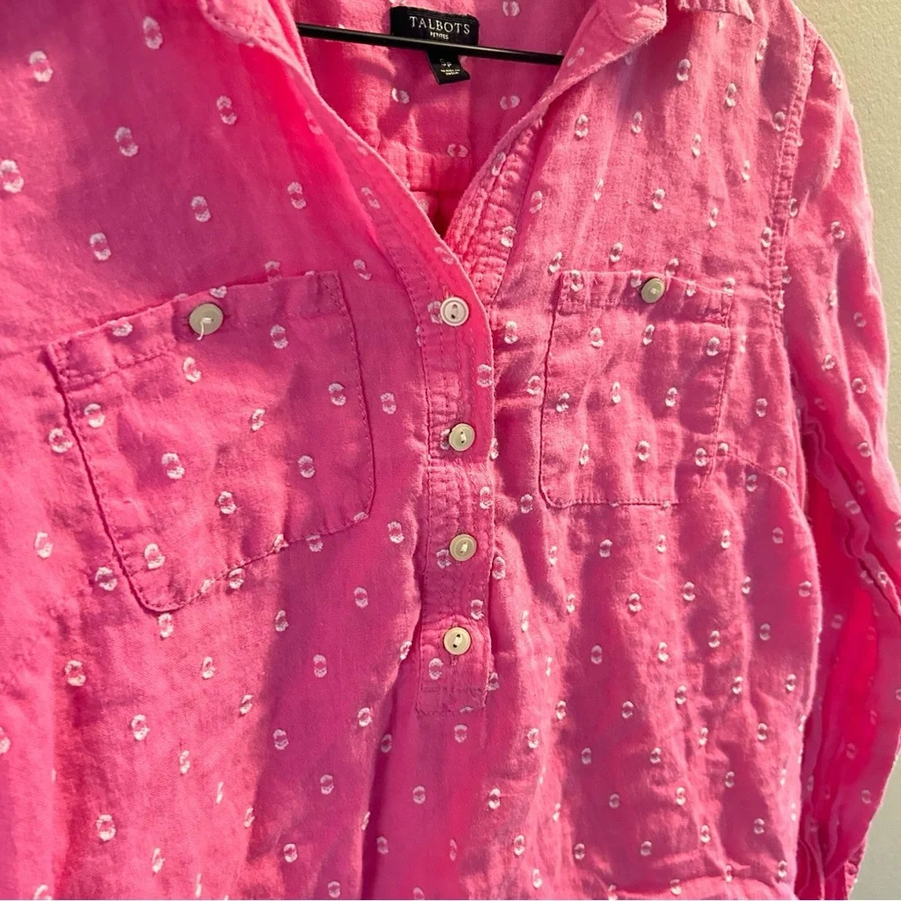 Talbots Linen Camp Shirt Clip Dot Size Small Petite Pink Button Down Top Beach - Picture 4 of 8